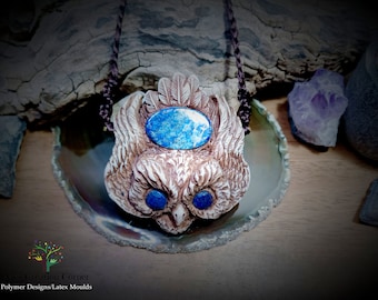 Large Lapis Lazuli Owl polymer clay Pendant Necklace.