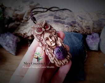 Amethyst/Garnet Goddess/Owl Clay  Pendant/Necklace.