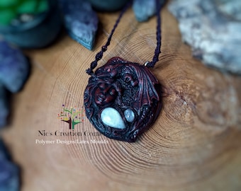 Dragon Guardian  Raibow Moonstone Polymer Clay Pendant Necklace.