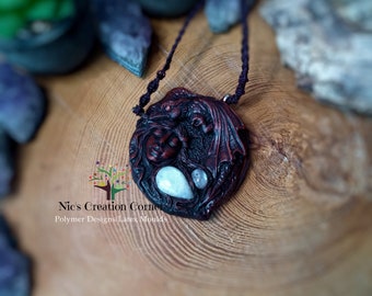 Dragon Guardian  Raibow Moonstone Polymer Clay Pendant Necklace.