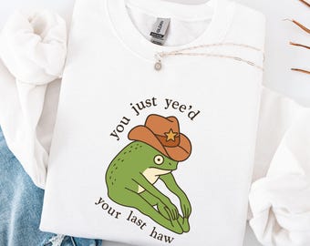 Sudadera de rana vaquera, suéter divertido con meme de rana, sudadera de cuello redondo con rana Yeehaw, sudadera con humor del oeste, camiseta con gráfico de rana adorable, regalo para amantes de las ranas