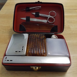 Vintage Mans Grooming Travel Kit  Vanity Set  Leather Case Swank France Fathers Day Gift