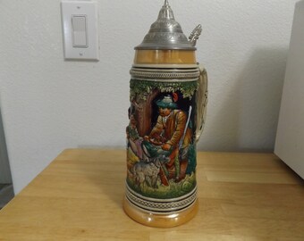 Vintage Large German Stein Beer Stein with Lid Family and Hunting Dog