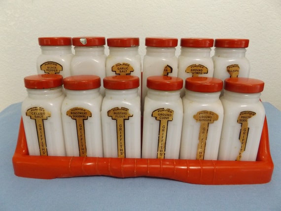 Vintage Griffith’s Milk Glass Spice Jars in Rack- 9