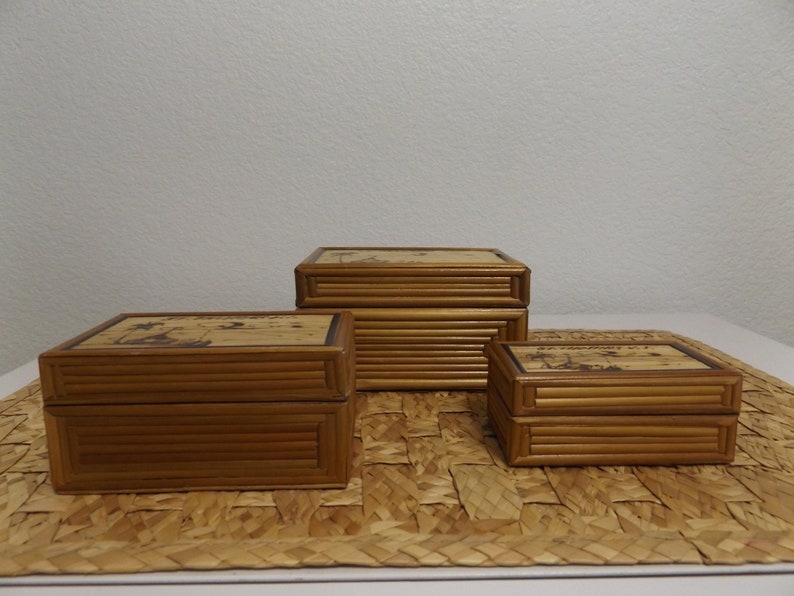 Vintage Nesting Stacking Bamboo Boxes / Trinket Jewelry Etsy