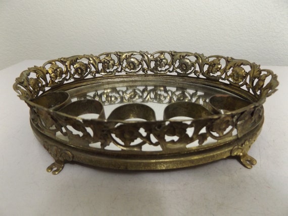 Vintage Ornate Gold Metal Filigree Oval Vanity Mi… - image 3