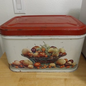 May include: A rectangular metal storage tin featuring a vibrant red lid and a white base. The front of the container displays a detailed illustration of a variety of fresh fruits arranged in a glass bowl, including peaches, grapes, and berries.