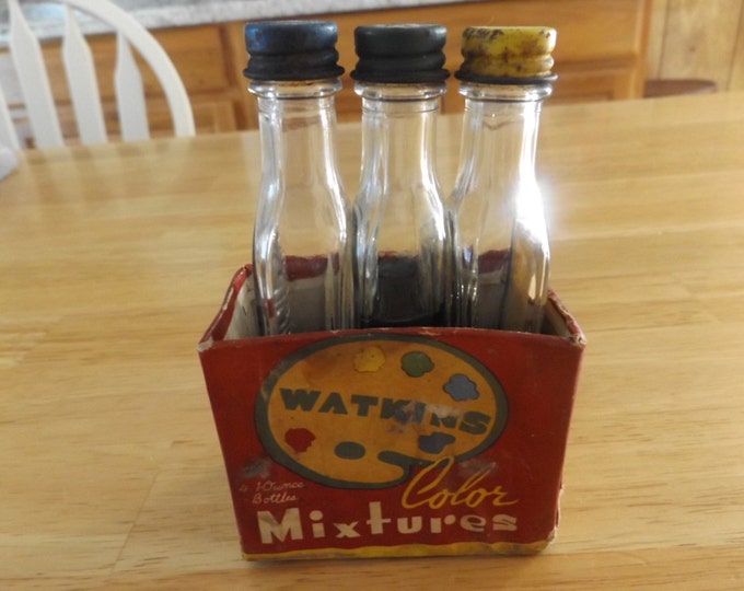 Vintage J R Watkins Food Coloring Bottles With Original Box / Green