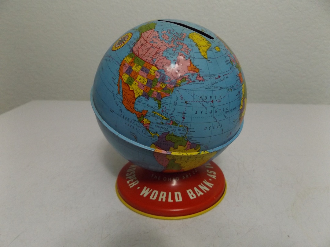 Vintage Metal Ohio Art World Globe Tin Piggy Coin Bank Etsy