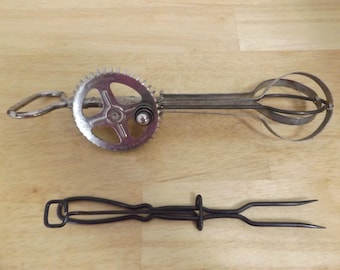 Antique Eggbeater and Meat Carving Fork with Stand