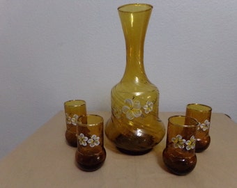 Vintage Handblown Carafe Decanter and Four Glasses Amber with Hand Painted Floral Design