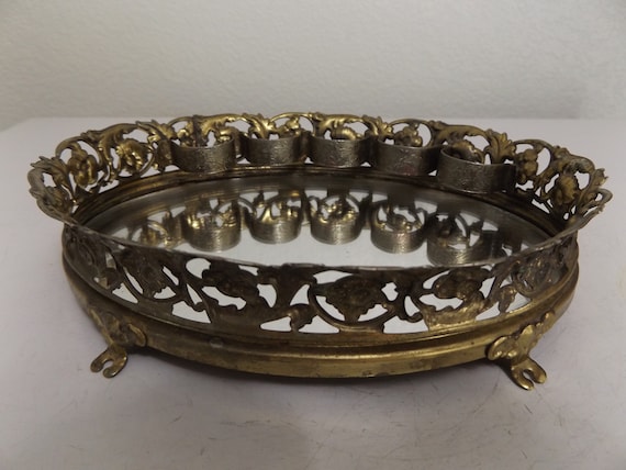 Vintage Ornate Gold Metal Filigree Oval Vanity Mi… - image 1