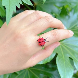 Könnte beinhalten: Ein Ring mit einem kleinen, dreidimensionalen Marienkäfer-Anhänger. Der Marienkäfer hat einen leuchtend roten, texturierten Körper mit schwarzen Punkten und feine schwarze Fühler am Kopf. Der Anhänger ist auf einem dünnen Metallring befestigt.
