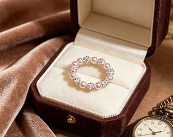 Ring met parels, elastische ring met roze parels, sprankelende ring met strass-steentjes, elegante handgemaakte ring, cadeau voor vrouwen