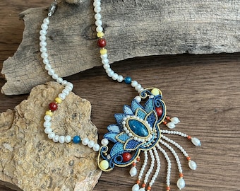 Imperial Garden Handmade Lotus Necklace, Blue Apatite Freshwater Pearl Chinese Knot Statement Jewelry