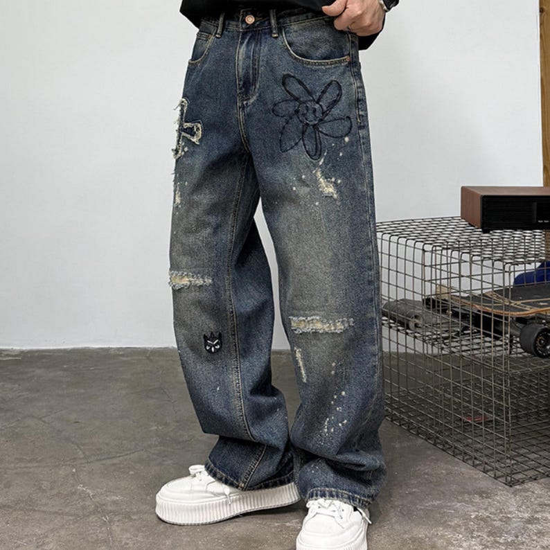 Patchwork Denim Jeans | Ripped Distressed Straight Design | Daily Wear | Y2K Streetwear Style

Patchwork denim jeans with ripped distressed details and straight leg fit, styled for streetwear outfits, casual looks, and everyday fashion.