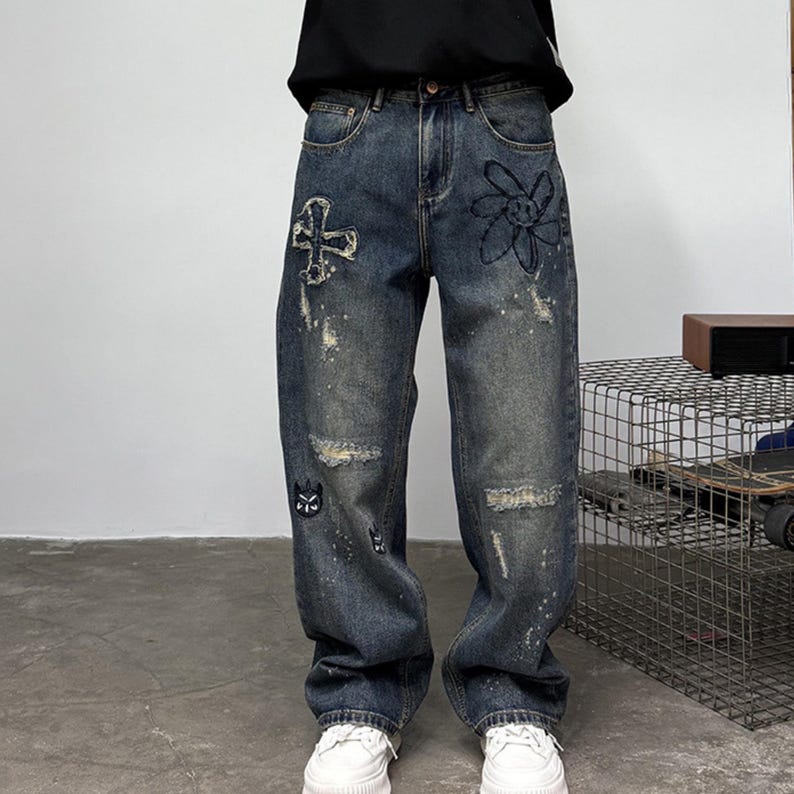 Patchwork Denim Jeans | Ripped Distressed Straight Design | Daily Wear | Y2K Streetwear Style

Patchwork denim jeans with ripped distressed details and straight leg fit, styled for streetwear outfits, casual looks, and everyday fashion.