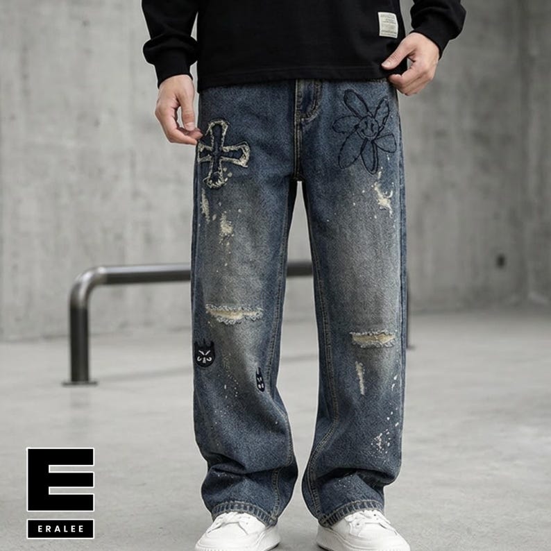 Patchwork Denim Jeans | Ripped Distressed Straight Design | Daily Wear | Y2K Streetwear Style

Patchwork denim jeans with ripped distressed details and straight leg fit, styled for streetwear outfits, casual looks, and everyday fashion.