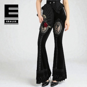 May include: Black velvet flared trousers with intricate lace detailing and a rose design. The trousers have a high waist, decorative trim, and a flared leg. The image also shows a black fan with a red rose and the text "ERALEE".