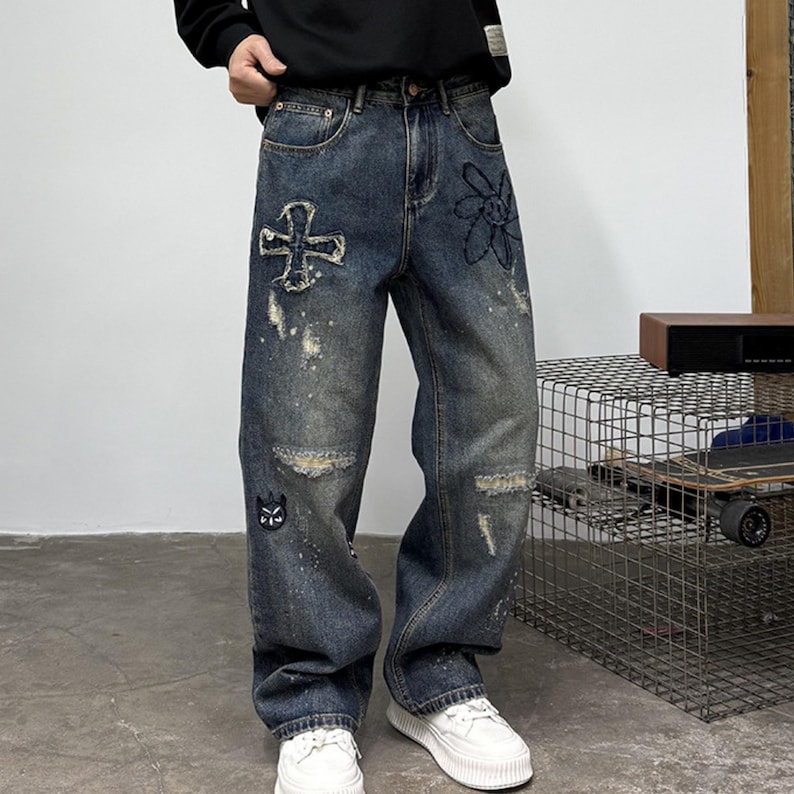 Patchwork Denim Jeans | Ripped Distressed Straight Design | Daily Wear | Y2K Streetwear Style

Patchwork denim jeans with ripped distressed details and straight leg fit, styled for streetwear outfits, casual looks, and everyday fashion.