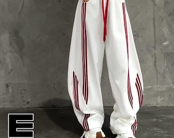 Pantalones deportivos de pierna ancha a rayas / Pantalones holgados con cordón / Ropa de calle informal Y2K