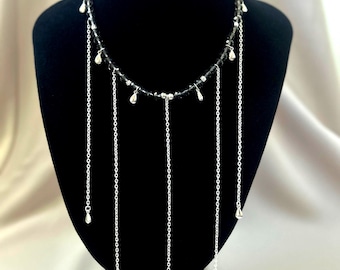 Smoky Quartz Multi-Strand Necklace, Choker Style with Chain Drops, Draped Statement Jewelry