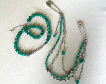 Green Chalcedony Necklace and Brooch Set, Minimalist Layered Jewelry, Asymmetrical Chain Brooch Pins, Modern Gemstone Set, Gift for Her
