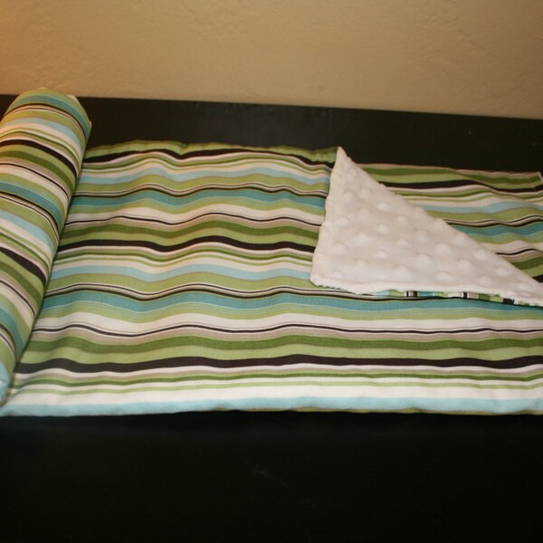 Ultra Soft Minky Baby Boy Blanket - green, blue, white, and brown stripe - WITH CUSTOM LETTER
