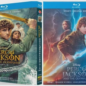 May include: Two Blu-ray disc cases for "Percy Jackson and the Olympians." The left case shows a young man with a sword, with the text "The Sea of Monsters is Calling." The right case shows three young people with lightning.