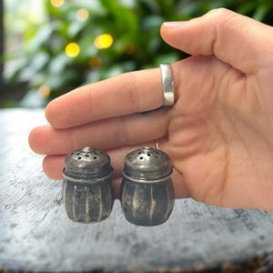 May include: Two antique silver salt and pepper shakers. Each shaker has a rounded body with vertical grooves and a perforated lid. The shakers are held in a hand, with a silver ring on the finger. The background is out of focus.