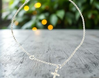 Sterling Silver CZ Stone Cross Anklet 10 inches