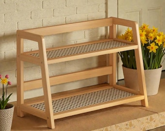 Kitchen Storage Shelf Rattan Organizer, Wooden Countertop Spice Rack and  Desktop Display for Makeup or Home Decor