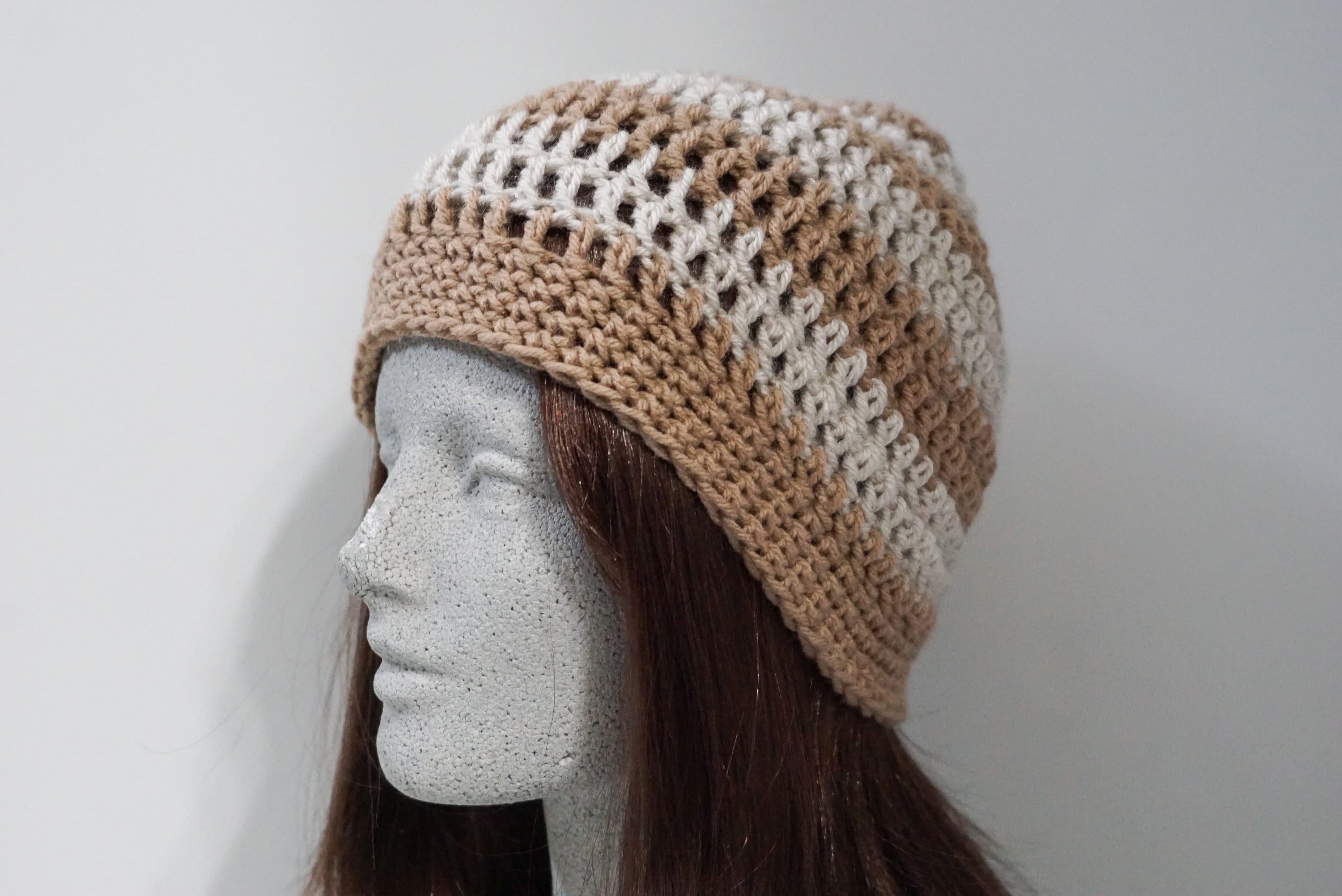 Taupe Brown and Beige Striped Crochet Beanie, Medium Weight  display picture 1