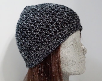 Charcoal Gray Heather Crochet Beanie, Medium Weight Black Hat