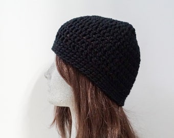 Black Crochet Beanie, Medium Weight Unisex Black Beanie