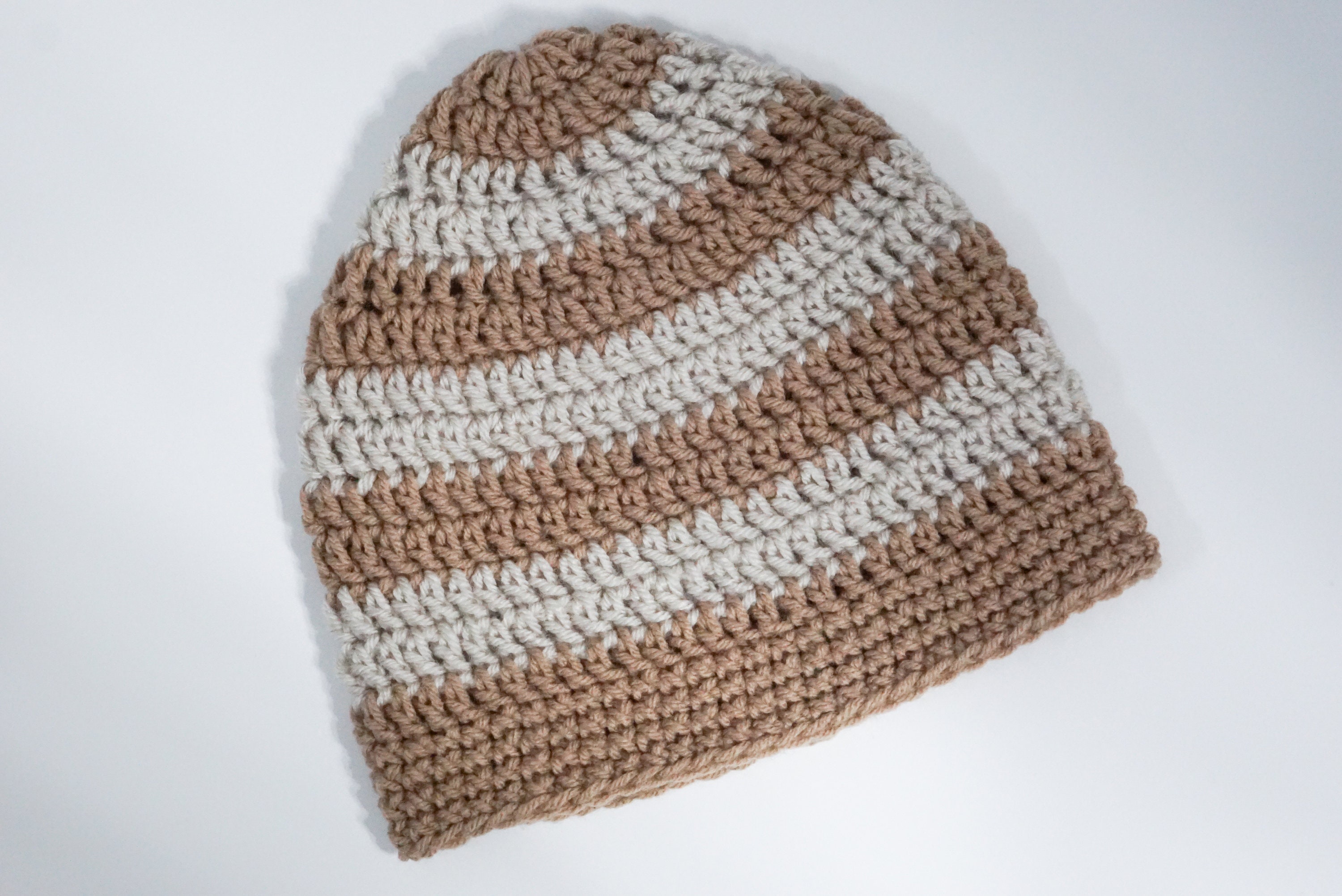 Taupe Brown and Beige Striped Crochet Beanie, Medium Weight  display picture 3