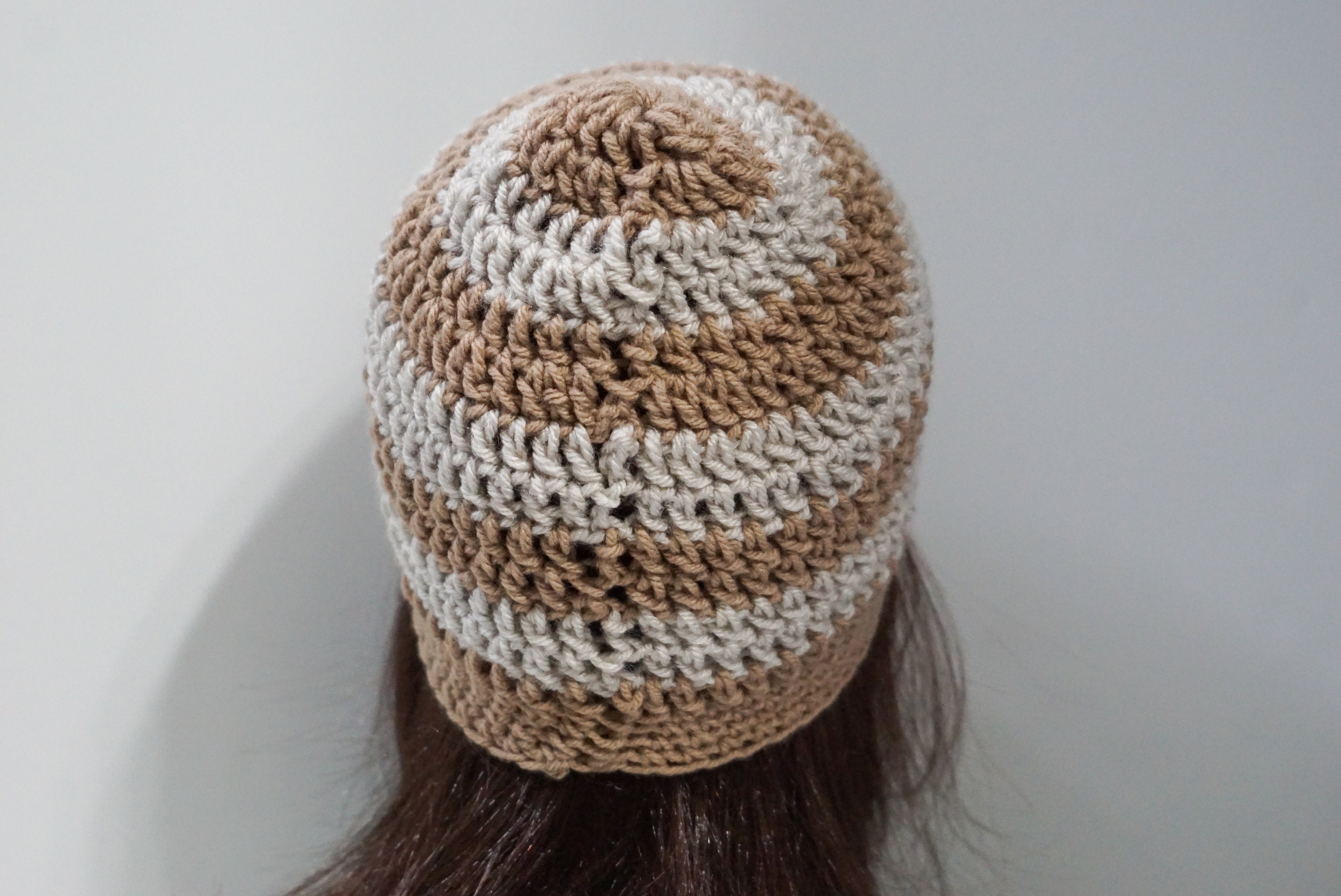 Taupe Brown and Beige Striped Crochet Beanie, Medium Weight 