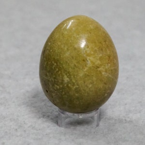 May include: A smooth, green, egg-shaped stone on a clear plastic stand. The stone has a mottled, marbled appearance.