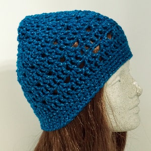 Teal Blue Sparkle Crochet Beanie, Medium Weight Peacock Blue Lacy Crochet Hat