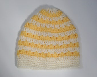Yellow and Cream Crochet Beanie, Medium Weight Hat