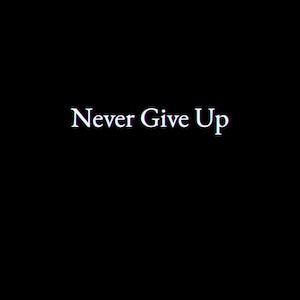 Może przedstawiać: Czarne tło z białym tekstem "Never Give Up". Tekst ma lekki efekt 3D z subtelnym przesunięciem koloru. Obraz jest prosty i bezpośredni, przekazując przesłanie wytrwałości.