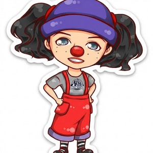 May include: A sticker of a cartoon clown character with a red nose, purple hat, and red overalls. The character has black hair in pigtails and is wearing a grey t-shirt with the text "STREET REBIRTH". The clown is smiling with hands on hips.