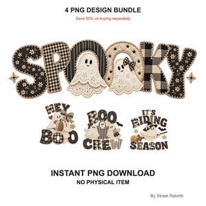 Puede incluir: Un paquete de diseños digitales con la palabra SPOOKY en patrones blancos y negros con ilustraciones de fantasmas, además de tres diseños pequeños con el texto HEY BOO, BOO CREW e IT'S RIDING SEASON, con fantasmas, calabazas y sombreros.