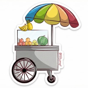 May include: A colorful illustration of a fruit cart with a rainbow-colored umbrella. The cart is filled with various fruits, including bananas, pineapple, apples, oranges, lemons, and a watermelon. The cart has a gray body and black wheels.