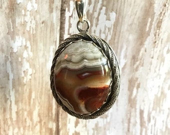 Red Crazy Lace Agate Pendant Necklace, Sterling Silver, Metalcraft, 925 Silver, Handcrafted, Hand Forged, Agate Jewelry