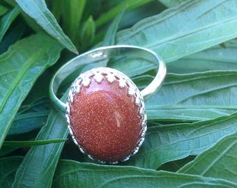 Brown Goldstone Ring, Sterling Silver, 925 Silver, Handset Jewelry, Rings, Women's Jewelry, Goldstone, Sparkle Jewelry, Crown Bezel Rings