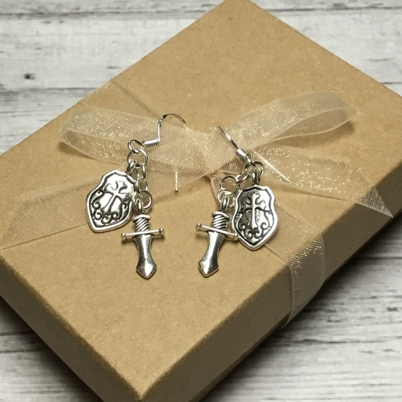 Shield and Sword Earrings, Women's Jewelry, Handmade Jewelry, Armor of God, Faith Jewelry, Witness Jewelry, Shield & Sword, Bible Study image 2