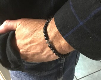 SALE Gemstone Stretch Bracelet with Cross, Handmade, SRAJD, Witness Jewelry, For Him, Unisex, Gifts Under 20 Dollar