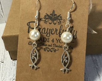 Freshwater Pearl with Ichthus Earrings