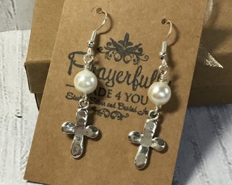 Single Freshwater Pearl with Hammered Cross Earrings